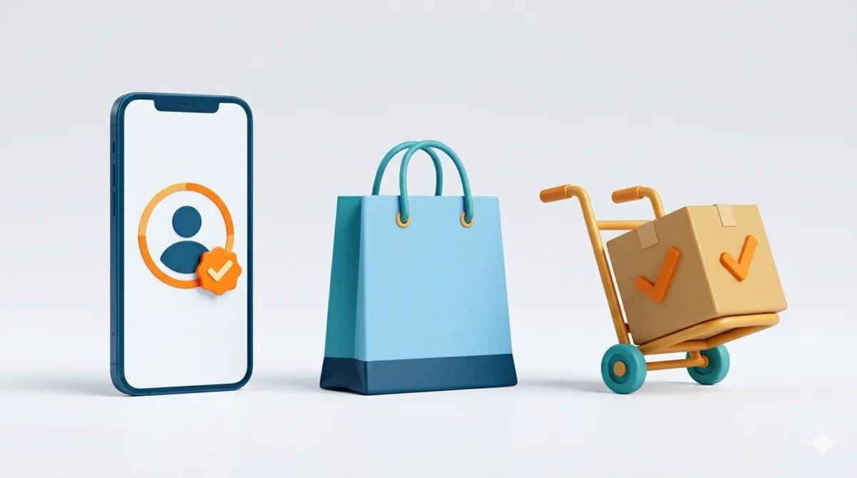 Secure digital checkout illustration with a smartphone, shopping bag and identity confirmation to reduce fraud.